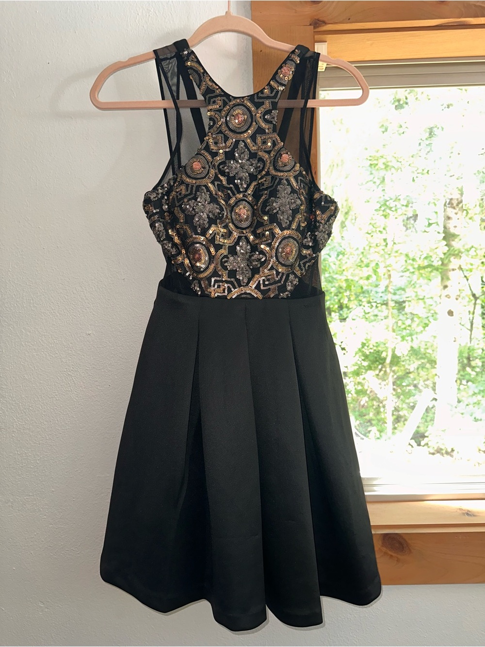 Faviana Black Fit-and-Flare Dress with Gold Embellished Bodice
